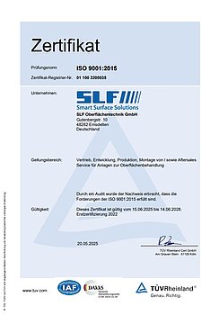 SLF Oberflächentechnik DIN EN ISO 9001 Zertifikat TÜV Rheinland